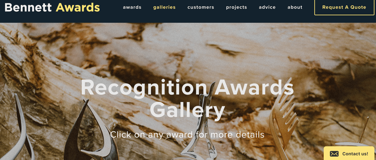 A gallery on the Bennett Awards Squarespace site, with the Olark offline email form in the lower right-hand corner.