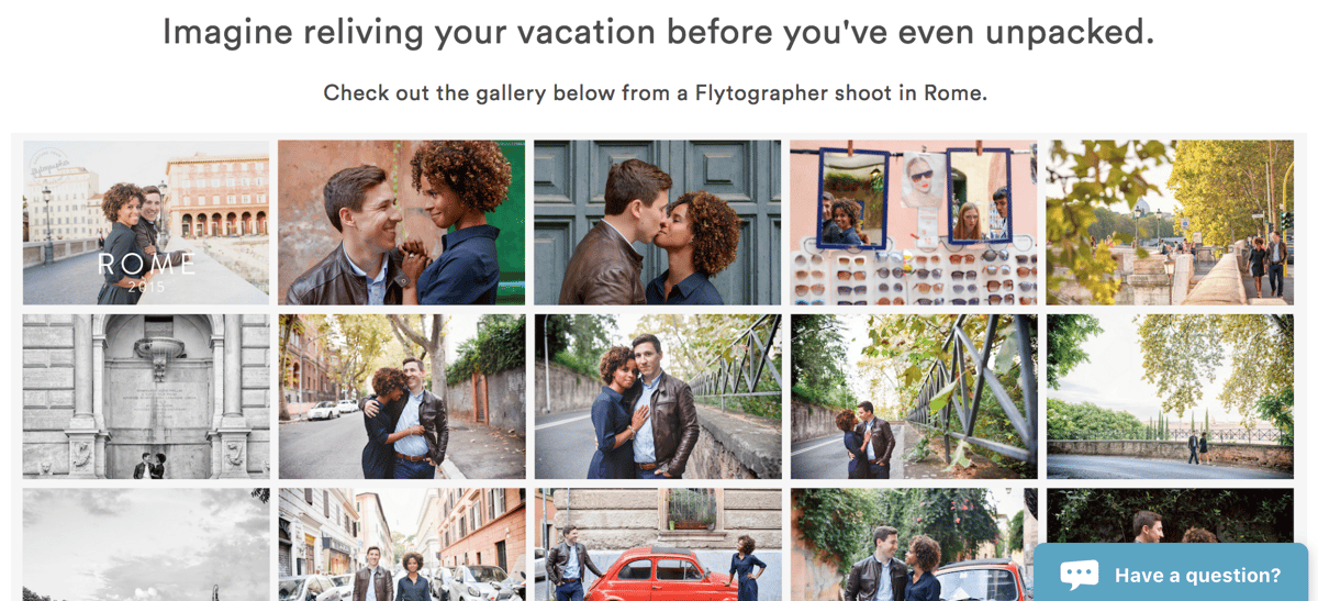 The Flytographer home page, featuring excerpts from a photo shoot, with the Olark chatbox in the lower right corner.