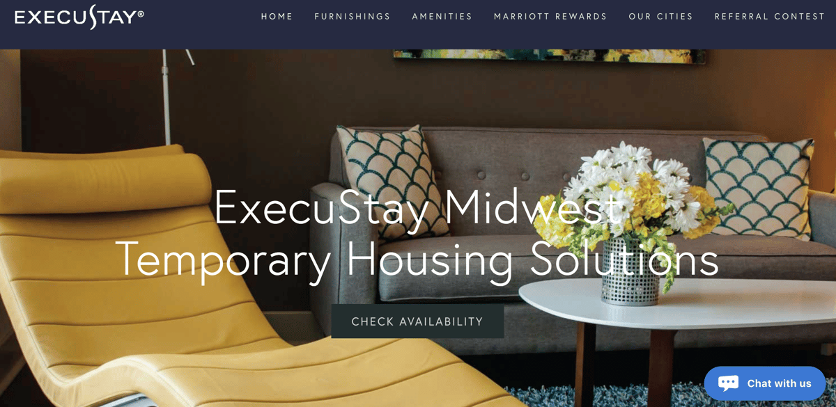 Home page for ExecuStay Midwest, one of Transition Group’s companies, with the Olark chatbox in the lower right.