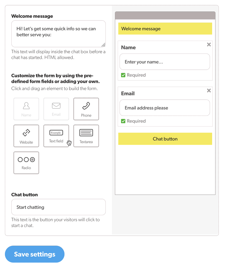 A gif showing adding a custom &ldquo;Company&rdquo; field to the prechat survey form in the Olark dashboard.s