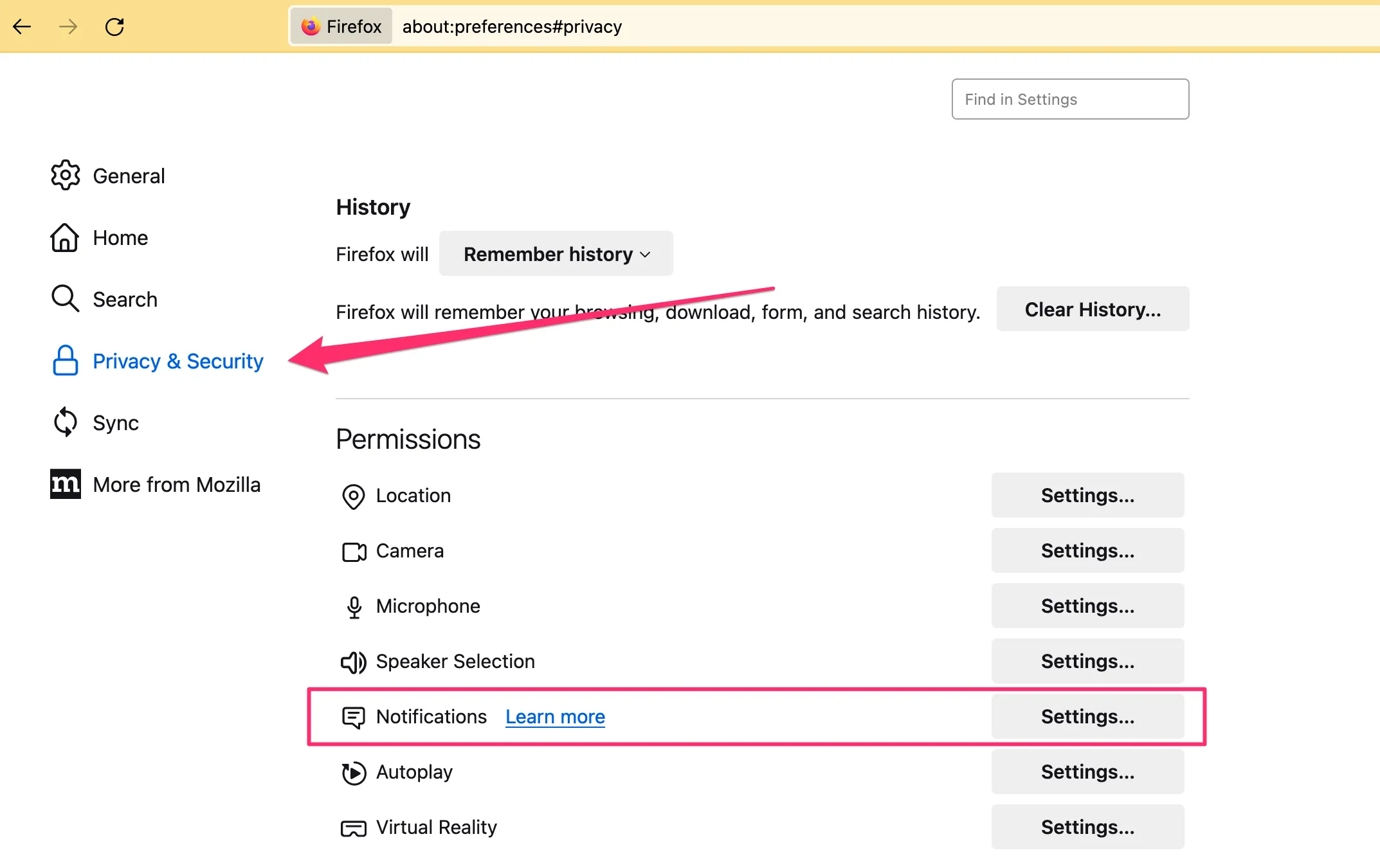 screenshot of firefox privacy & security settings with &ldquo;notifications&rdquo; highlighted