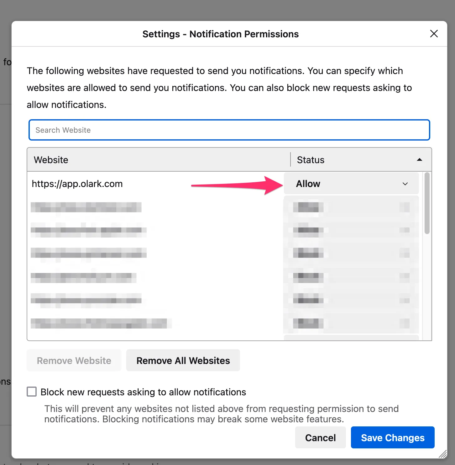 screenshot of Firefox settings - notification permissions modal with &ldquo;allow&rdquo; highlighted next to app.olark.com