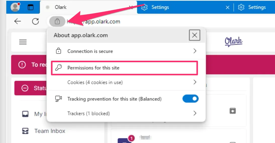 screenshot of app.olark.com open in Edge. The address bar lock icon menu is toggled open and &ldquo;Permissions for this site&rdquo; menu item is highlightede