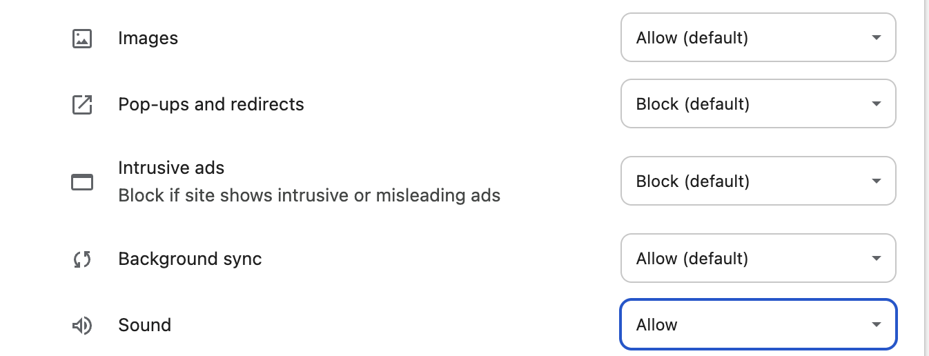 Screenshot showing the Sound option set to &ldquo;Allow&rdquo;