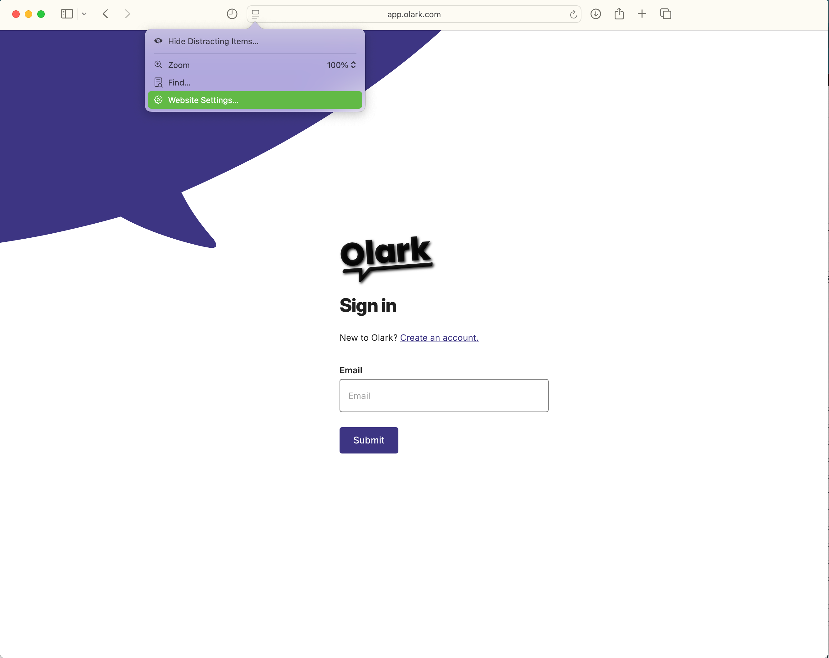 A screenshot of app.olark.com open in safari. The website settings dropdown in the address bar is open and &ldquo;website settings&rdquo; is highlighted in the menu.