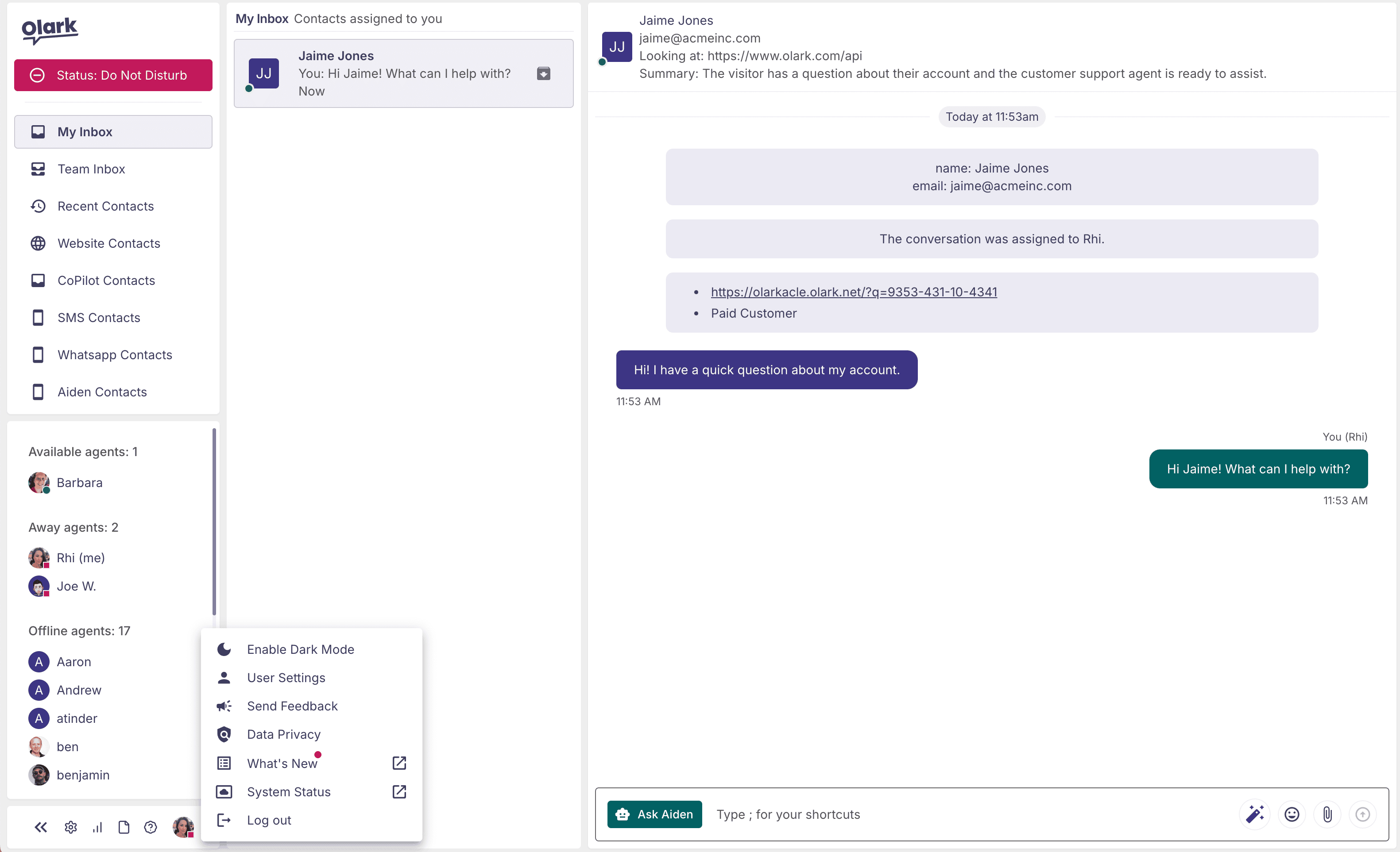Screenshot of the chat interface - the inbox is open and a chat is showing in the conversation panel.