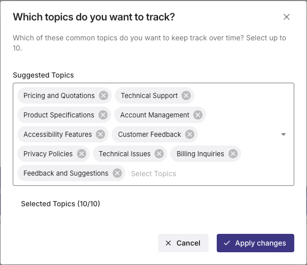 The “Which topics do you want to track?” modal. Selected topics are shown in gray, a purple “apply changes” button is at the bottom.