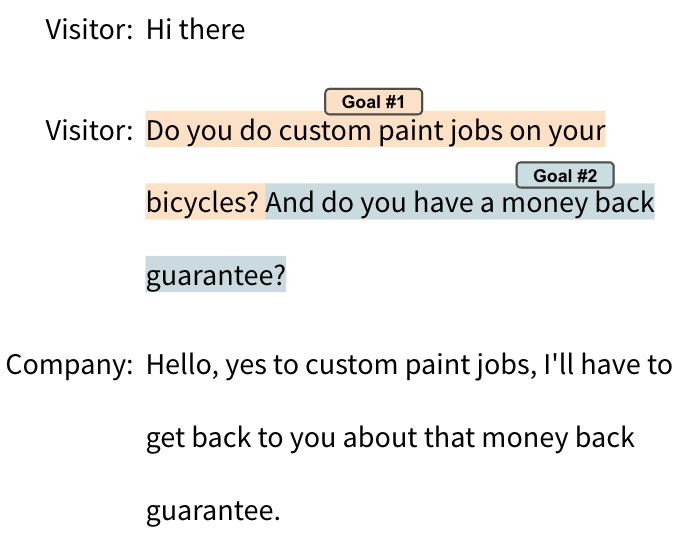 Visitor: Hi there, Visitor: Do you do custom paint jobs on your bicycles? And do you have a money back guarantee?Company: Hello, yes to custom paint jobs, I’ll have to get back to you about that money back guarantee.Question 1: Do you offer custom paint jobs? Topic: Customization Question 2: Money back guarantee? Topic: Refunds
