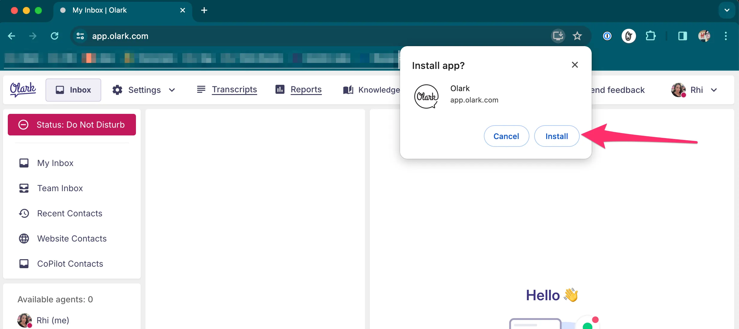 A screenshot of app.olark.com. A red arrow points to the Install button on the &ldquo;Install app?&rdquo; modal.