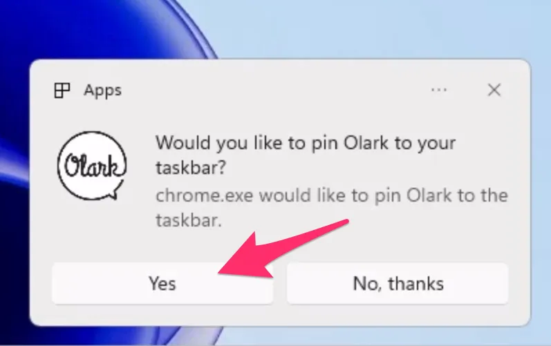 Screenshot of a Windows desktop notification. The notification asks, &ldquo;Would you like to pin Olark to your taskbar?&rdquo; A red arrow highlights the &ldquo;yes&rdquo; button.