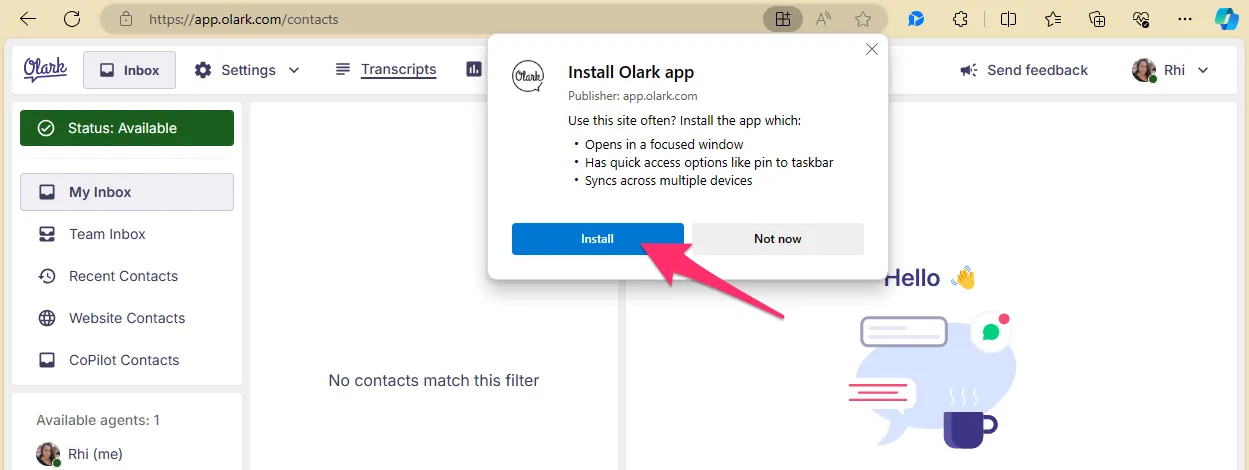 A screenshot of app.olark.com. A red arrow points to the Install button on the &ldquo;Install Olark app&rdquo; modal.