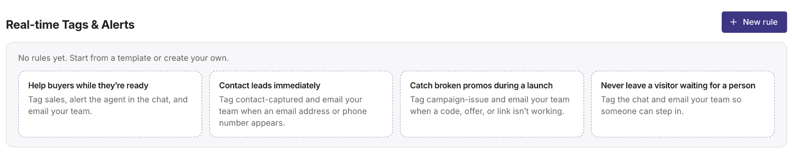 The Real-time Tags & Alerts section on the Behavior page, with four templates