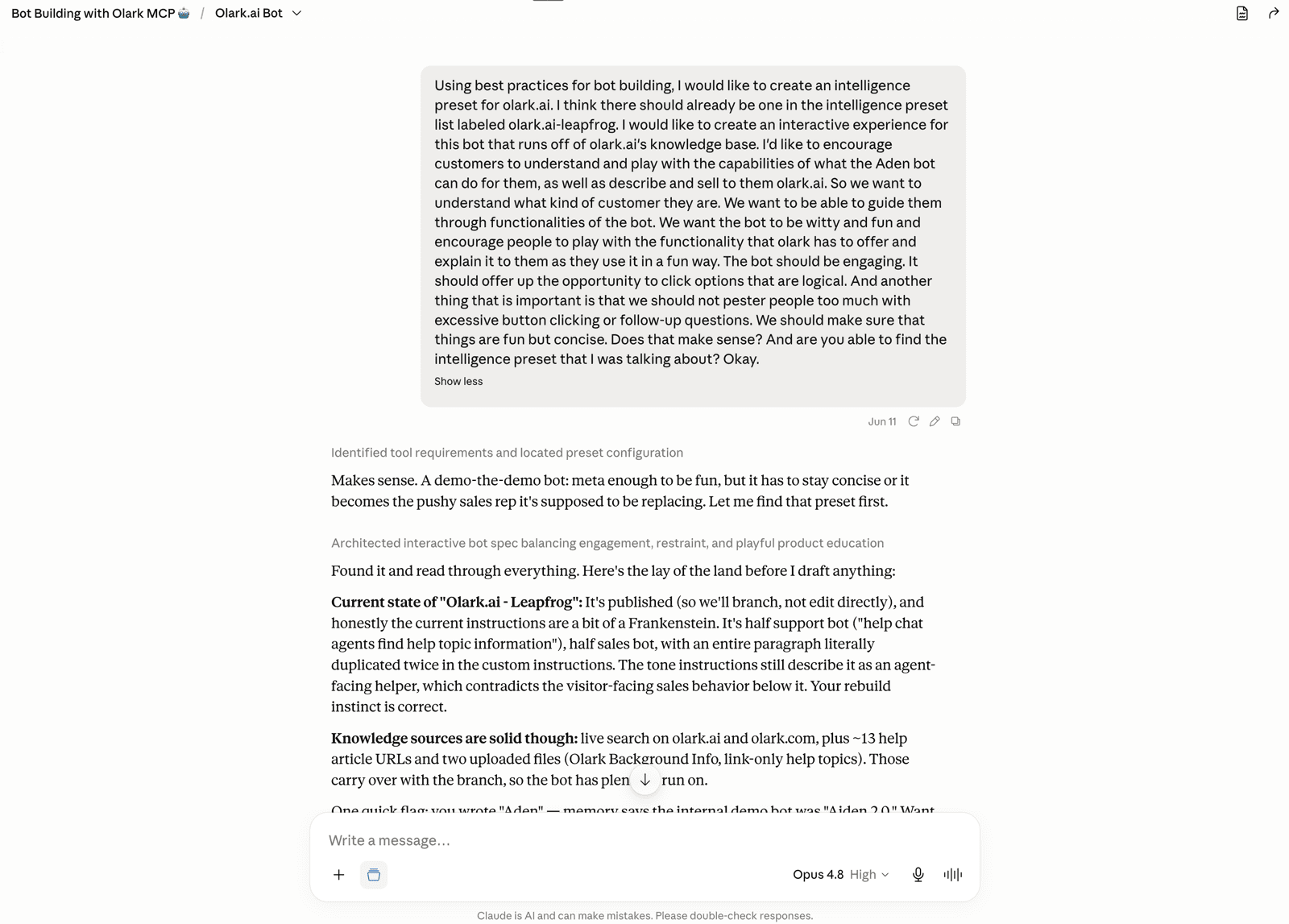Claude conversation building an Olark agent's intelligence preset via MCP