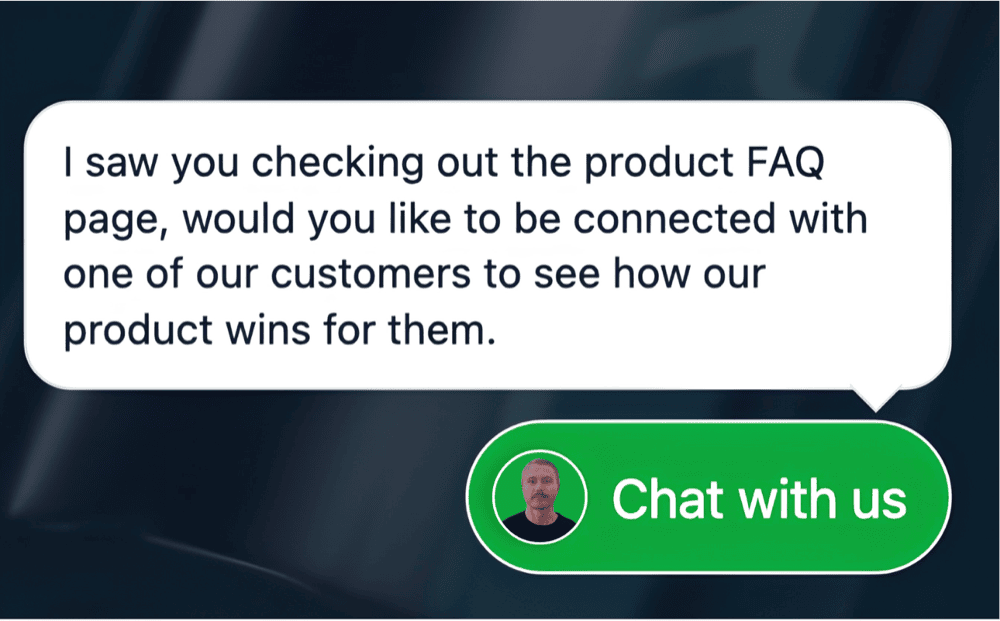 Chat widget enticing a visitor to talk with a rep, showing the rep's photo