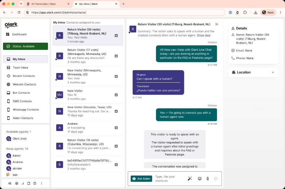 Olark operator interface showing inbox, live chat handoff from the AI agent, Ask Aiden, and visitor details