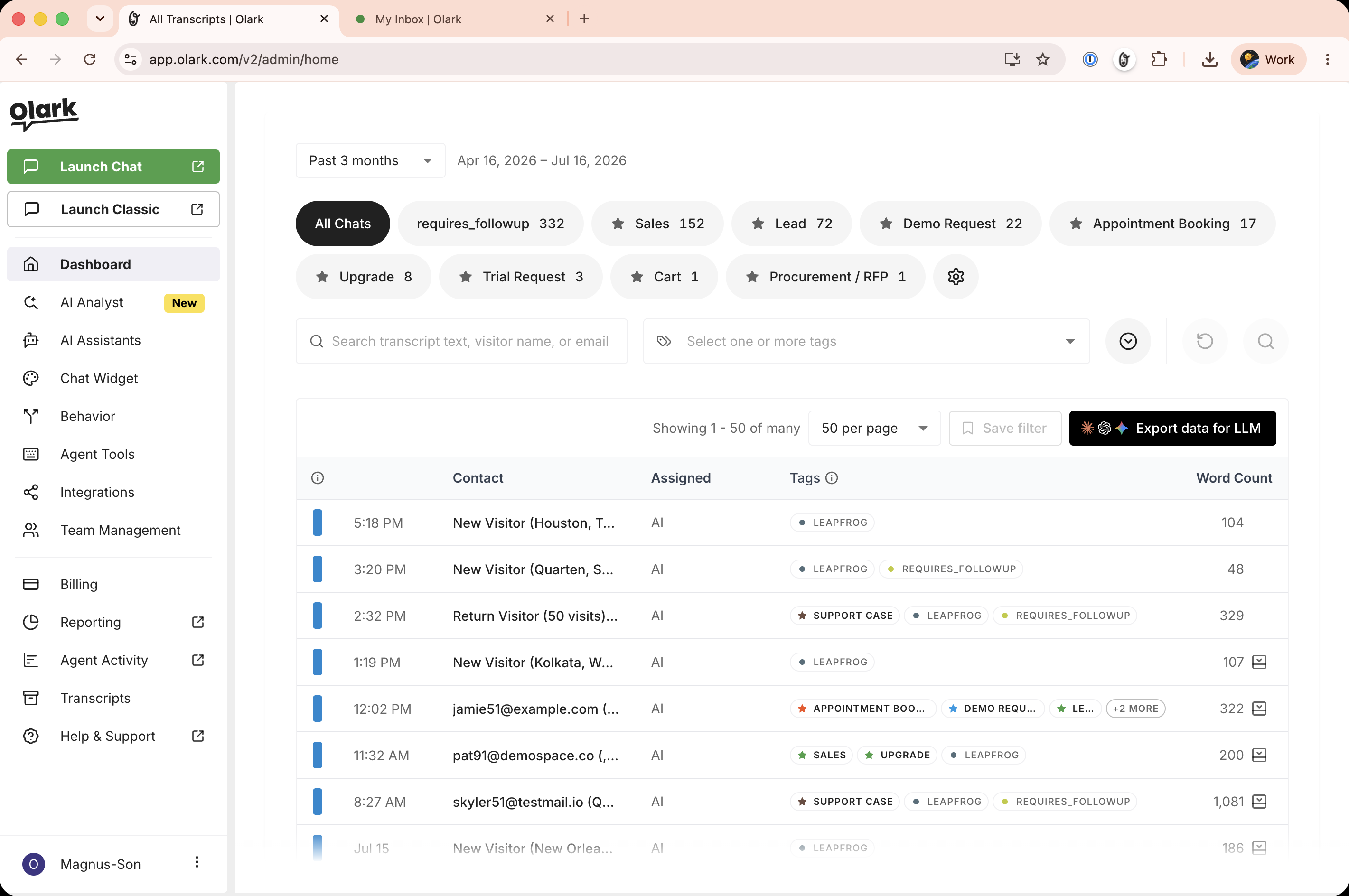 Olark dashboard filtering transcripts by Lead, Sales, Demo Request, and other tags